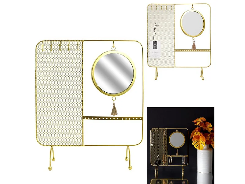 Porte Bijoux Miroir Filaire Metal 35.5x30x10cm Or