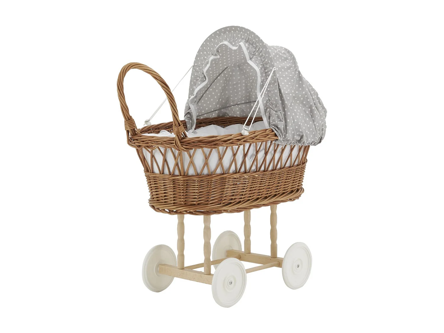 Berceau de poupée en osier buff tissu gris