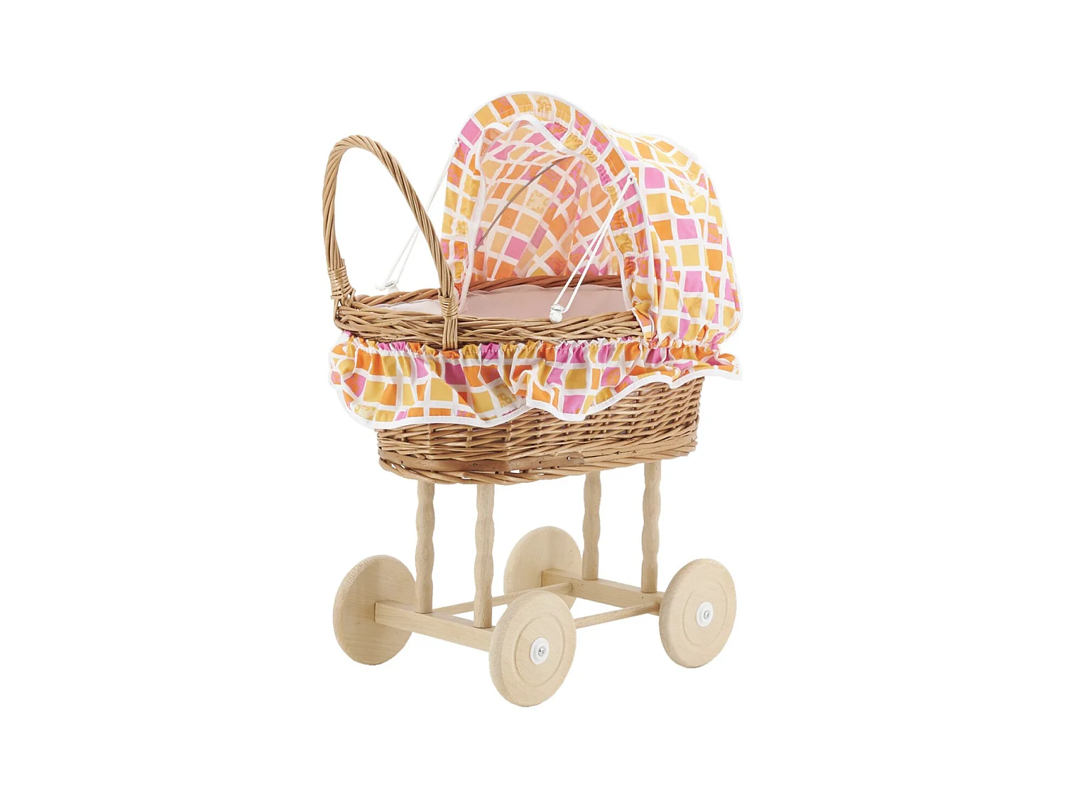 Puppenwiege aus buff Weide mit gewürfeltem Stoff