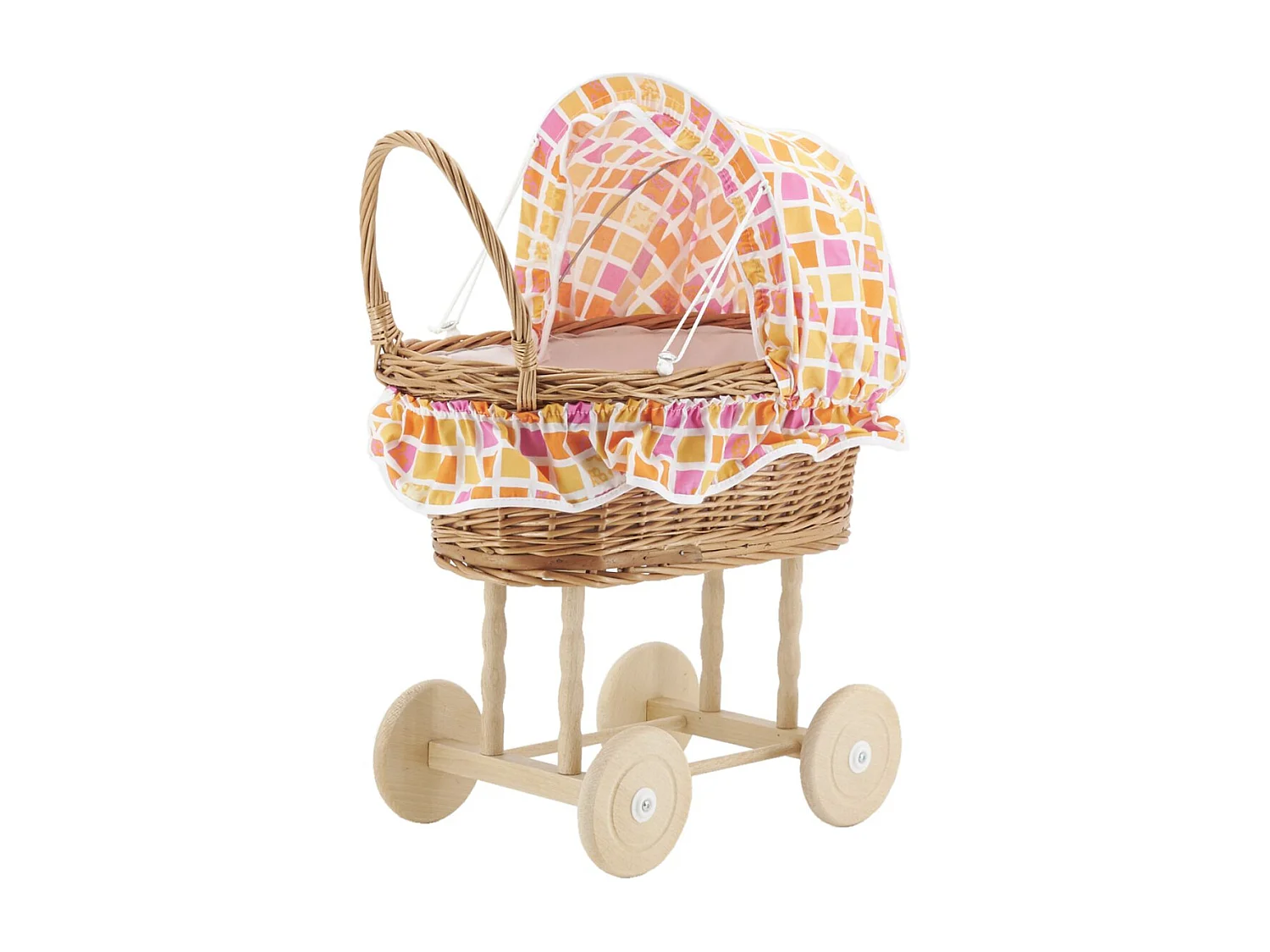 Puppenwiege aus buff Weide mit gewürfeltem Stoff