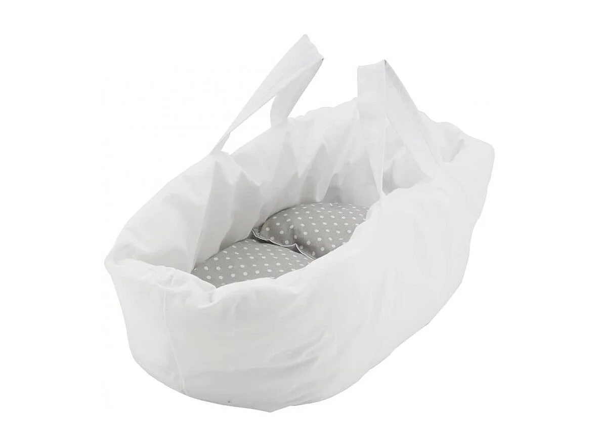 Puppenwiege aus buff Weide mit gewürfeltem Stoff