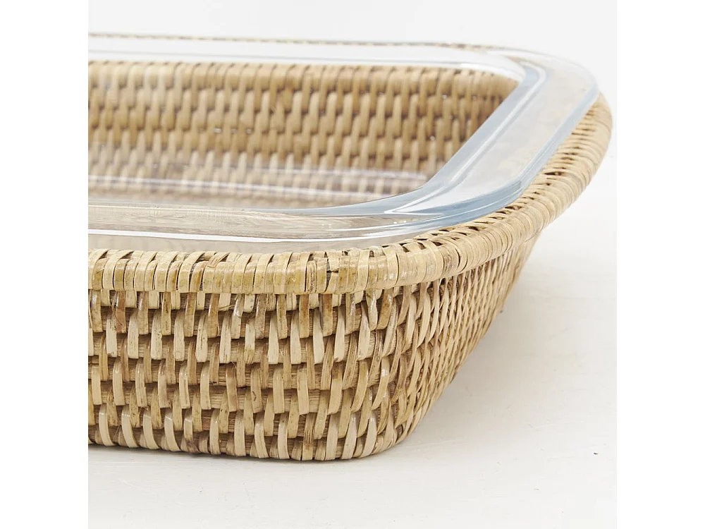 Ensemble plat à gratin et support en rotin Rectangulaire