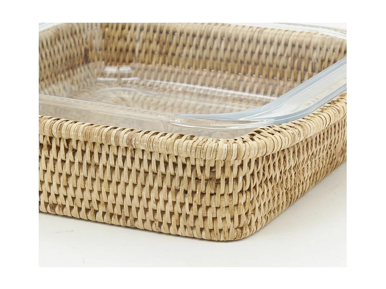 Ensemble plat à gratin et support en rotin Carré