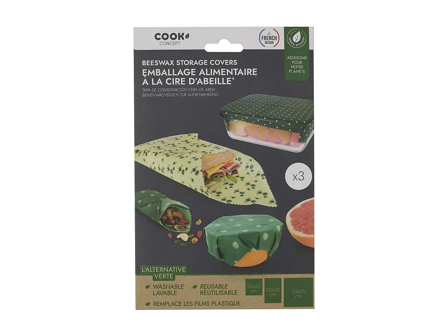 Emballage Alimentaire Cire Abeille X3 Vert, Beige