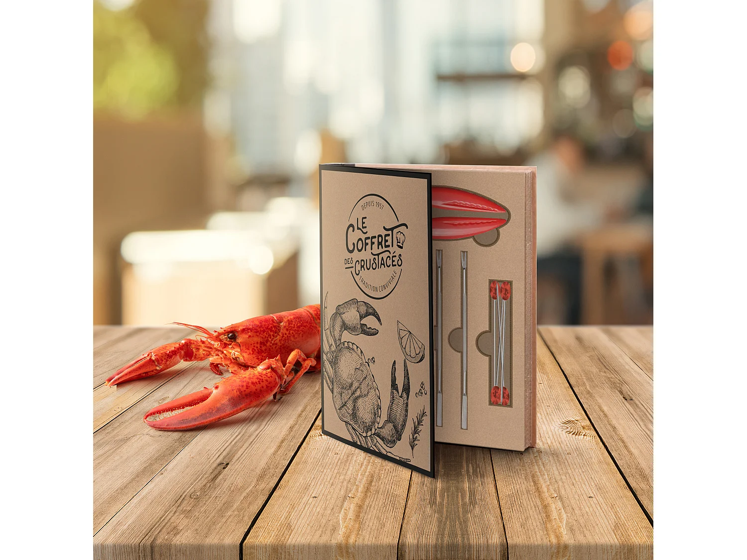 Coffret Crustaces Pince X1 Pique Fourchette X6 Rouge, Argent