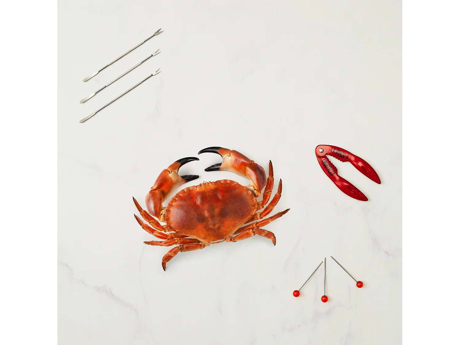 Coffret Crustaces Pince X1 Pique Fourchette X6 Rouge, Argent