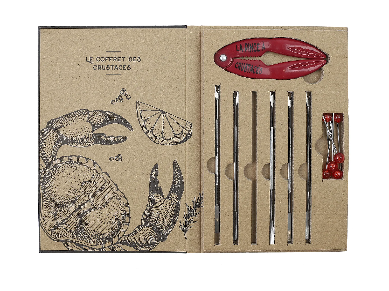 Coffret Crustaces Pince X1 Pique Fourchette X6 Rouge, Argent