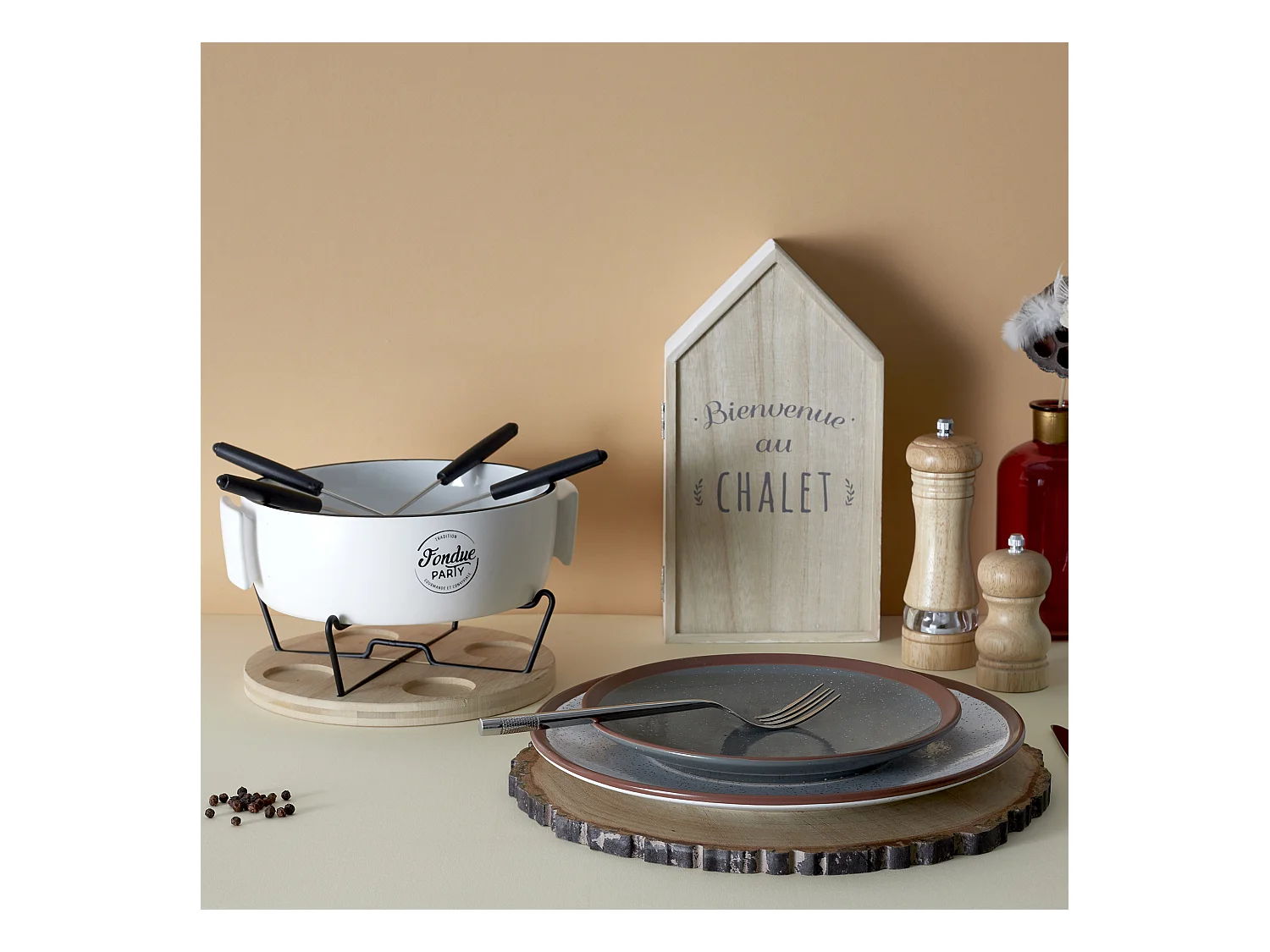 Service A Fondue Chauffe-plat Et Pique X4 Blanc, Noir, Marron