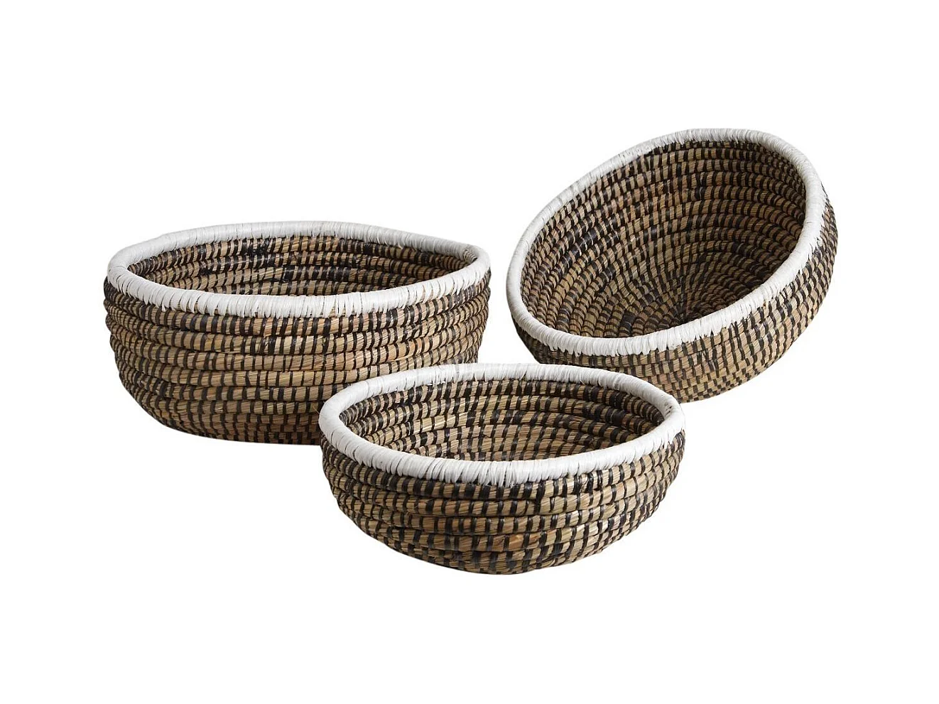 Corbeilles rondes en jonc naturelles, noires et blanches (lot de 3)