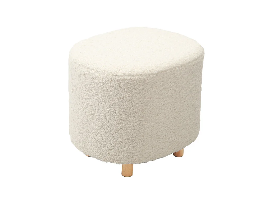 Pouf en tissu bouclette écru imitation laine et pieds en bois - SHAUN