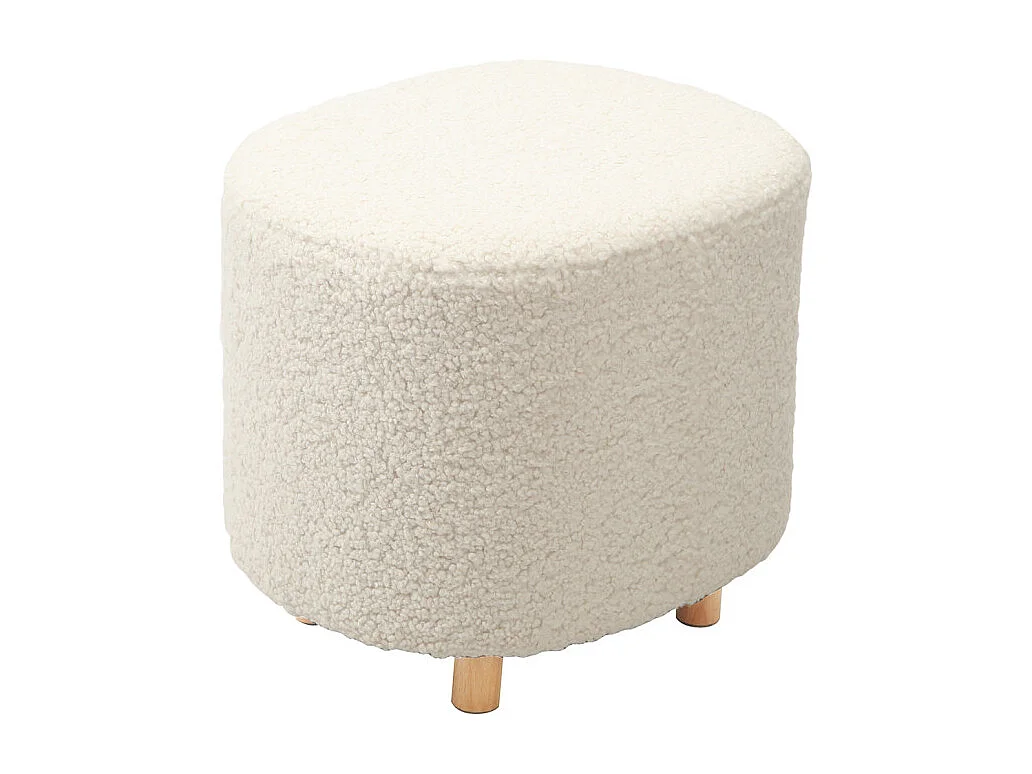 Pouf en tissu bouclette écru imitation laine et pieds en bois - SHAUN