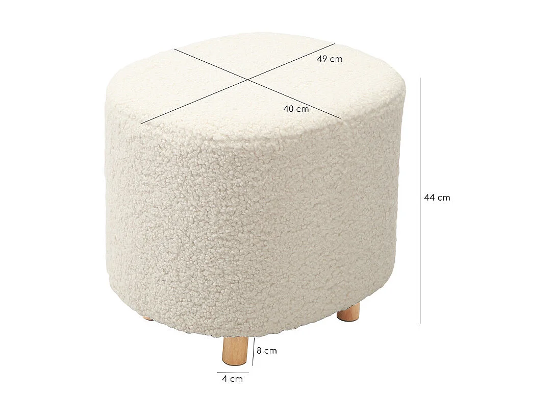 Pouf en tissu bouclette écru imitation laine et pieds en bois - SHAUN