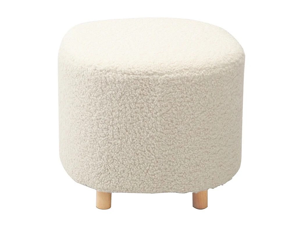 Pouf en tissu bouclette écru imitation laine et pieds en bois - SHAUN