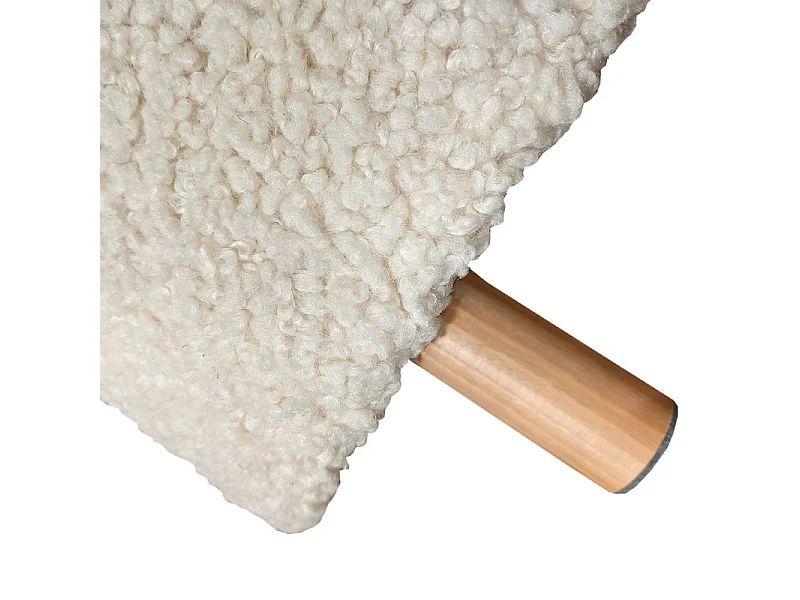 Pouf en tissu bouclette écru imitation laine et pieds en bois - SHAUN