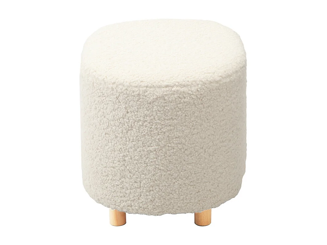 Pouf en tissu bouclette écru imitation laine et pieds en bois - SHAUN