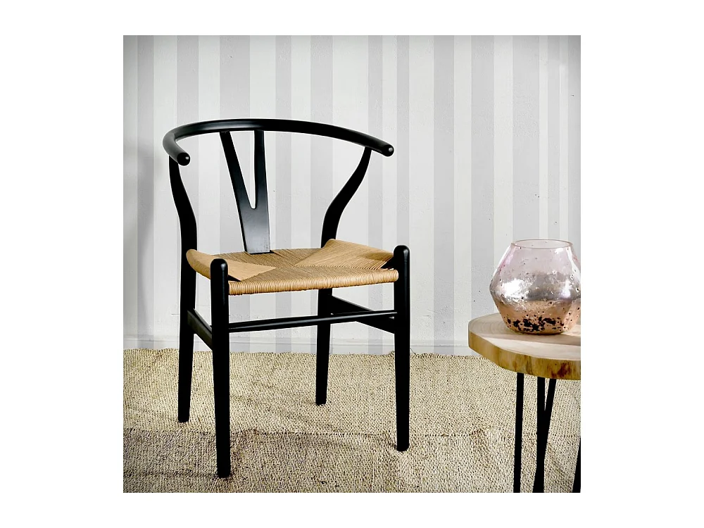 Chaise en bouleau laqué noir et papier cordé