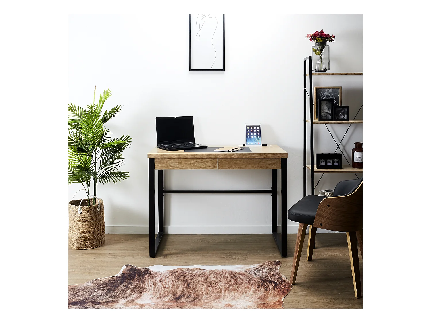 Mesa de Escritório Industrial em Madeira e Metal Preto 100x50,3x74 cm Com Gaveta