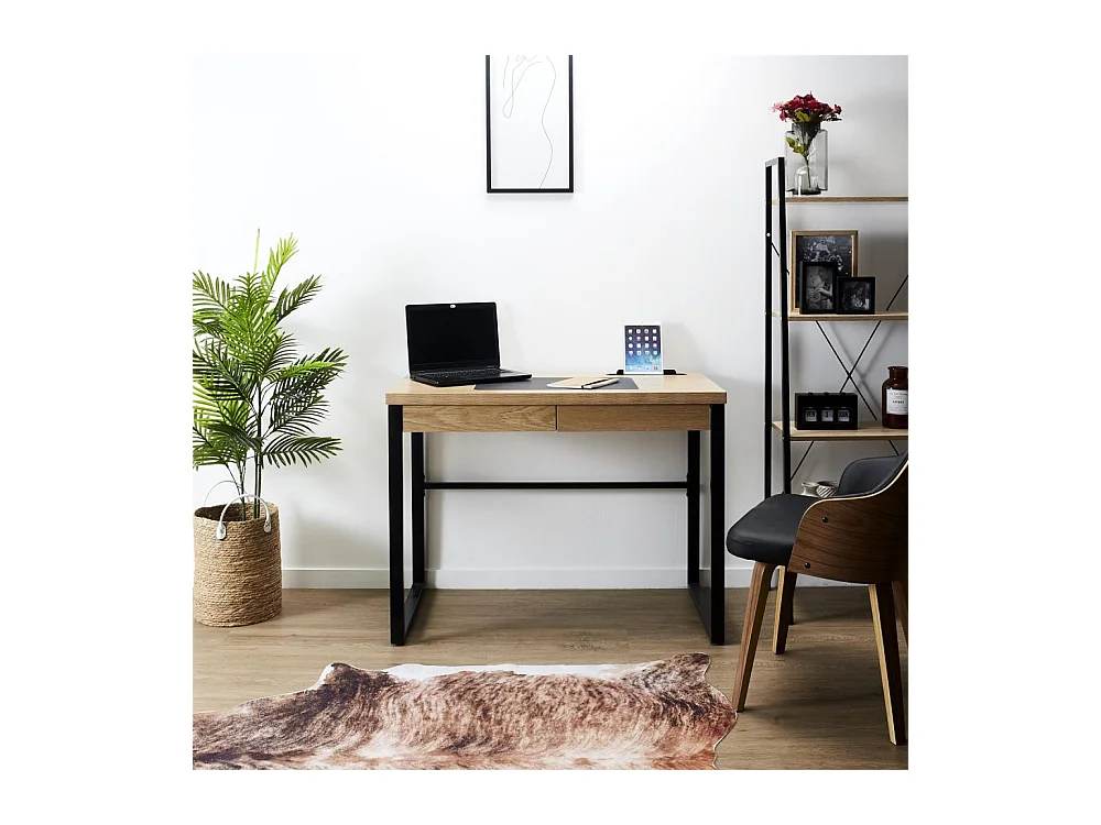 Mesa de Escritório Industrial em Madeira e Metal Preto 100x50,3x74 cm Com Gaveta