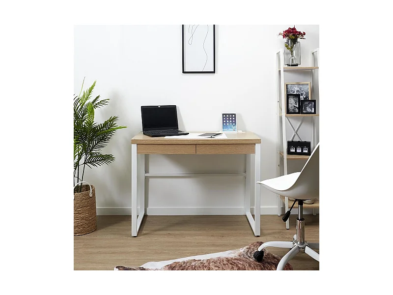 Escritorio industrial de madera y metal con cajón