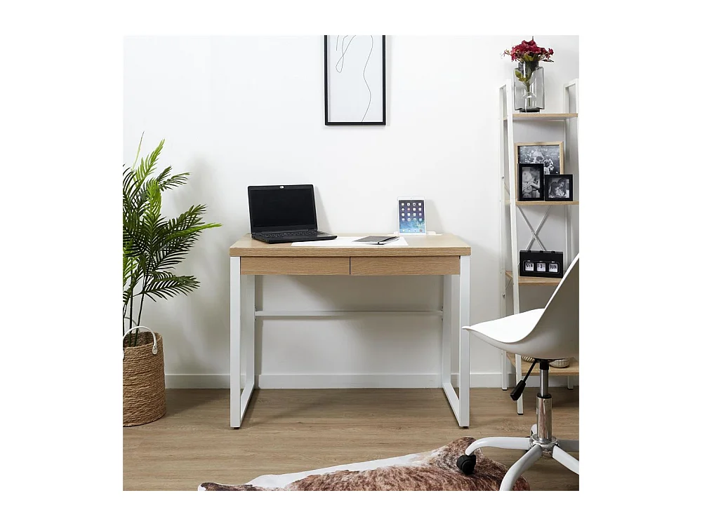 Bureau Design 1 Tiroir "Porqa" 100cm Naturel & Blanc