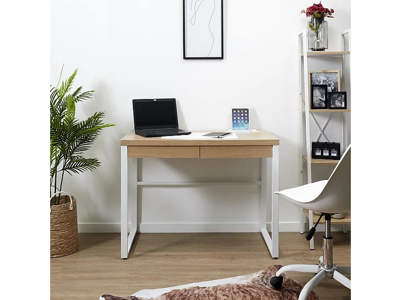Bureau Design 1 Tiroir "Porqa" 100cm Naturel & Blanc