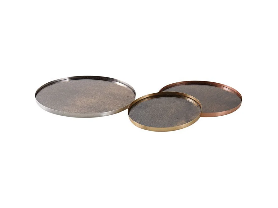Plateaux ronds en métal patiné et verre (Lot de 3)