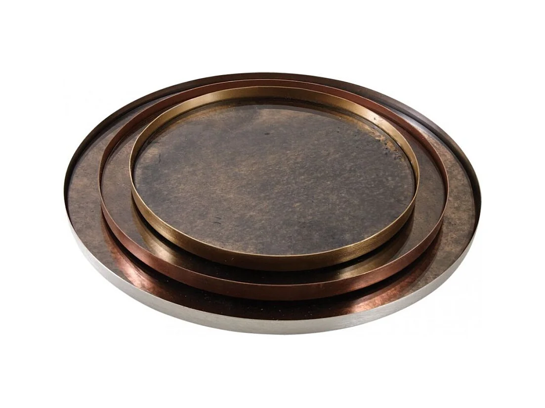 Plateaux ronds en métal patiné et verre (Lot de 3)
