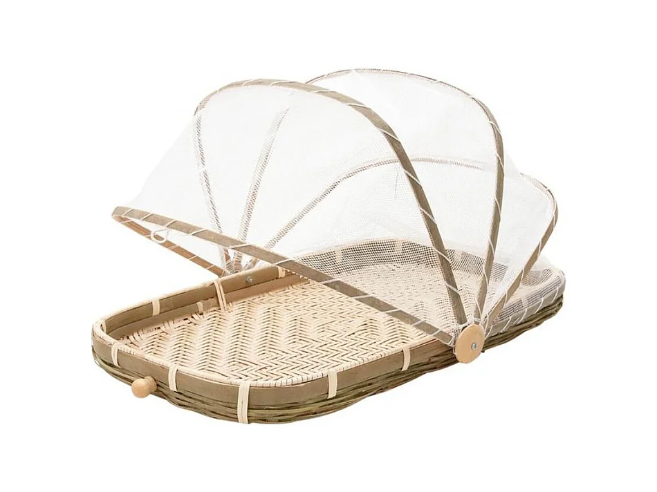 Plateau en bambou avec cloche en filet synthétique Longueur 60 cm