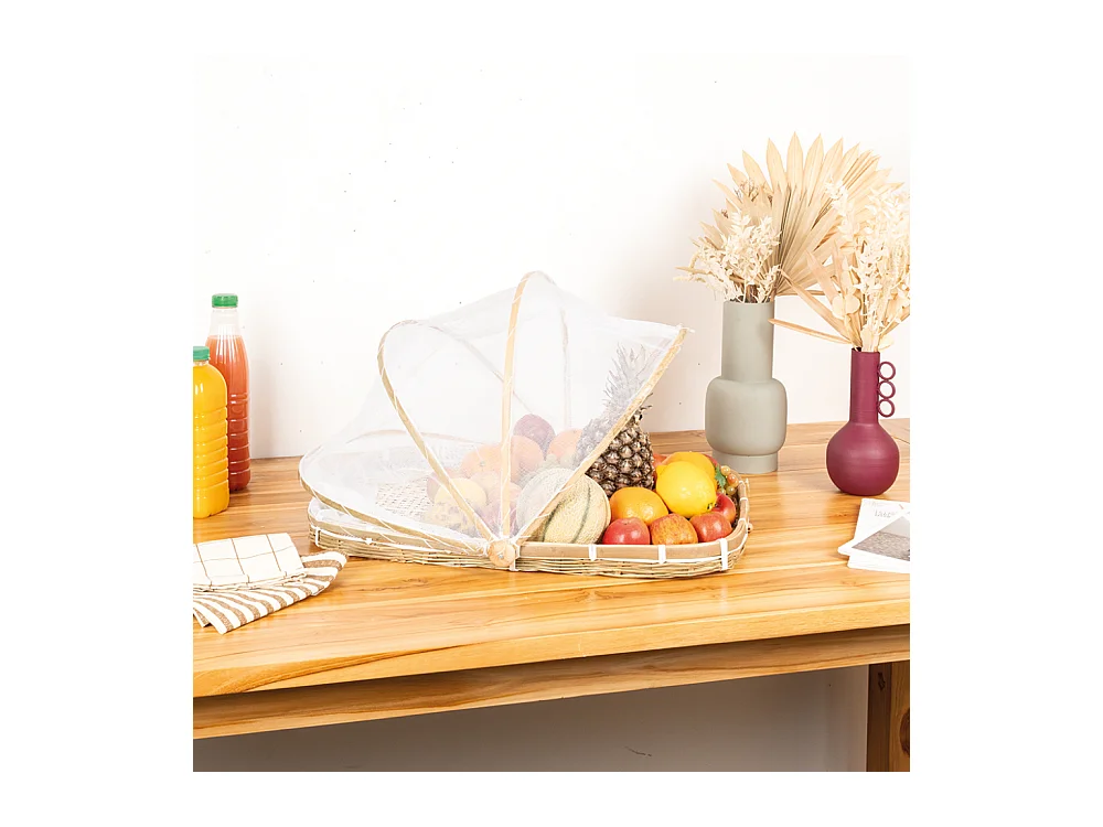 Plateau en bambou avec cloche en filet synthétique Longueur 60 cm