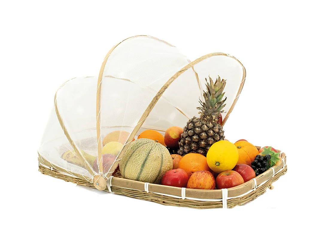 Plateau en bambou avec cloche en filet synthétique Longueur 60 cm