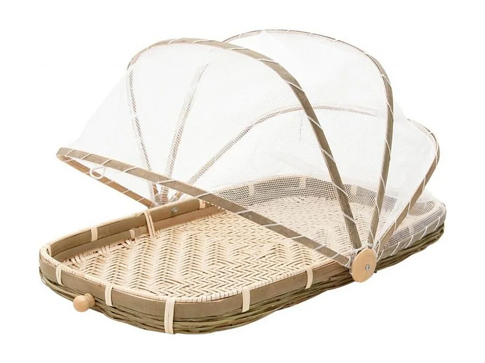 Plateau en bambou avec cloche en filet synthétique Longueur 60 cm