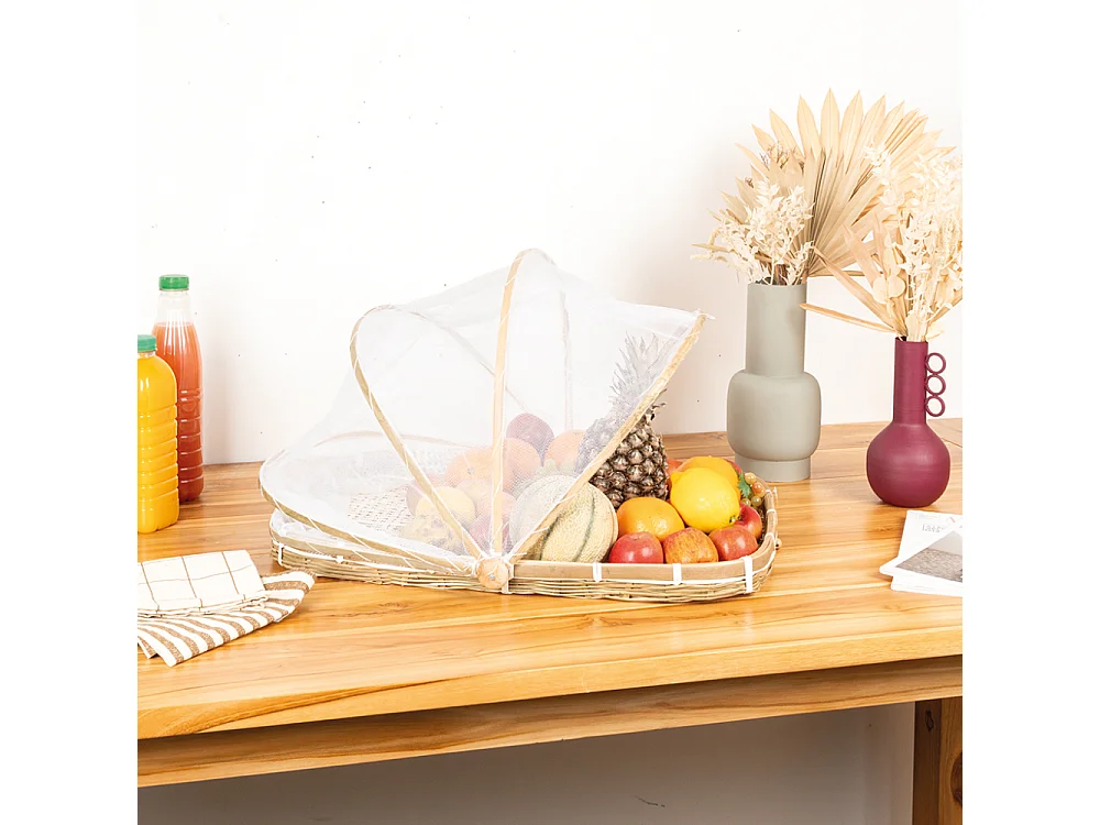 Plateau en bambou avec cloche en filet synthétique Longueur 60 cm