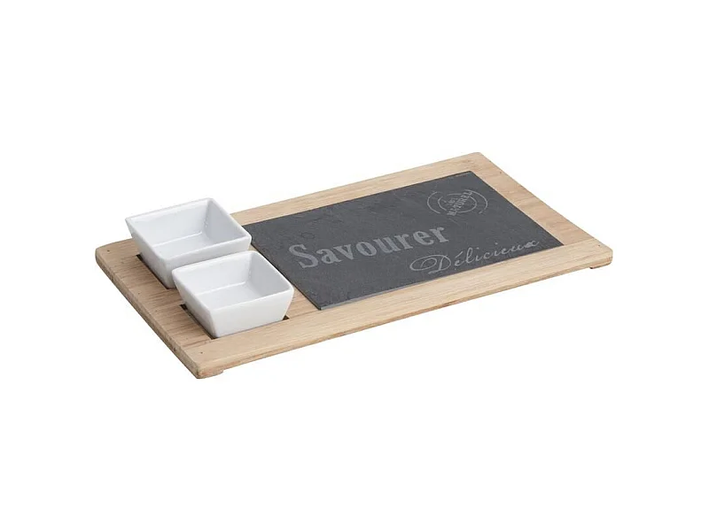 Plateau ardoise bambou avec 2 coupelles – Service apéritif élégant