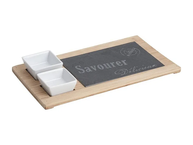 Plateau ardoise bambou avec 2 coupelles – Service apéritif élégant