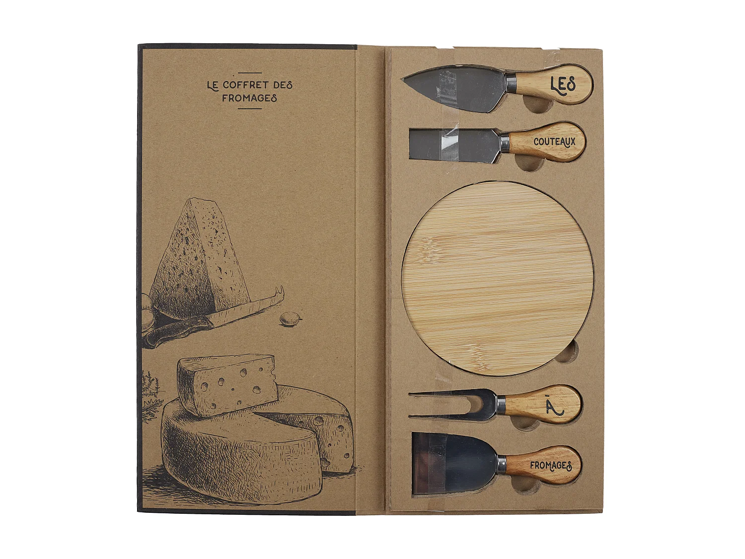 Caja de quesos con tabla de hevea y 4 cuchillos