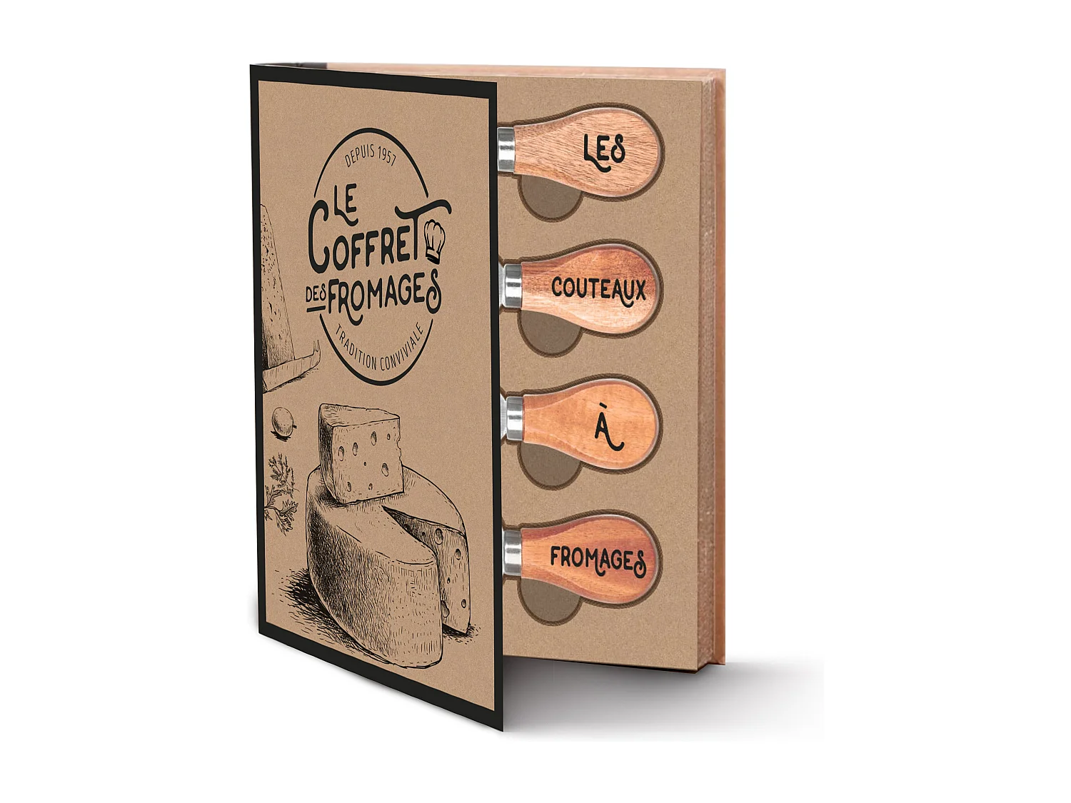 Caja de quesos con tabla de hevea y 4 cuchillos