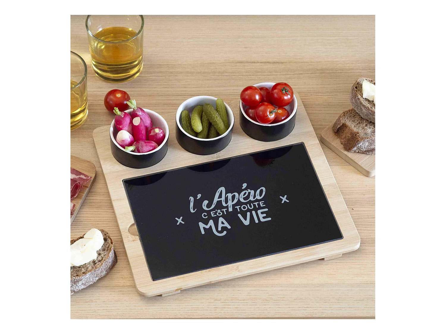 Plateau Bambou Avec Planche Et Coupelle X3 Marron, Noir, Blanc