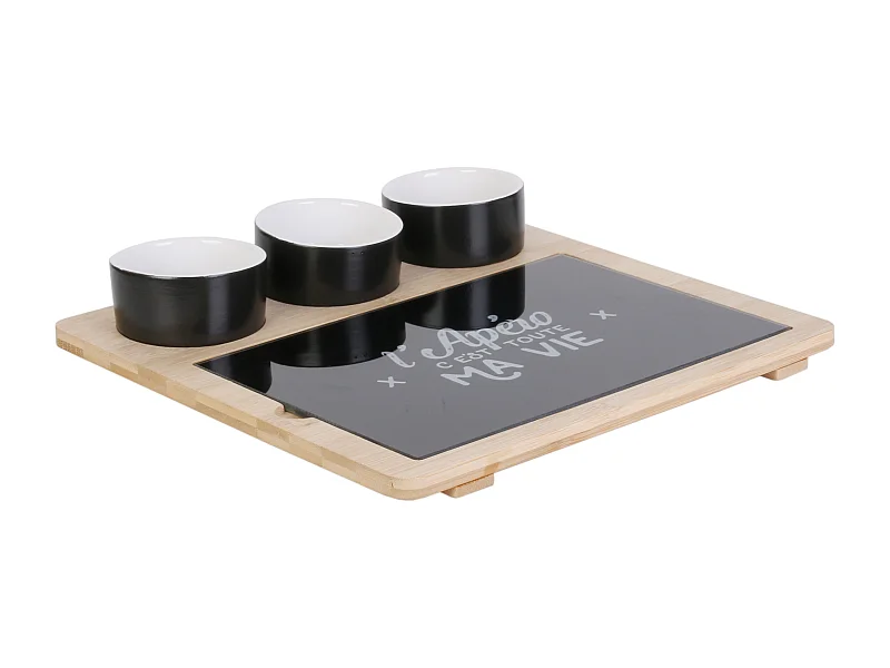 Plateau Bambou Avec Planche Et Coupelle X3 Marron, Noir, Blanc