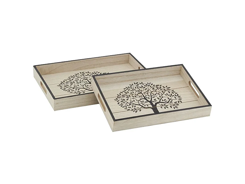 Plateaux rectangulaires en bois naturel Arbre de vie (Lot de 2)