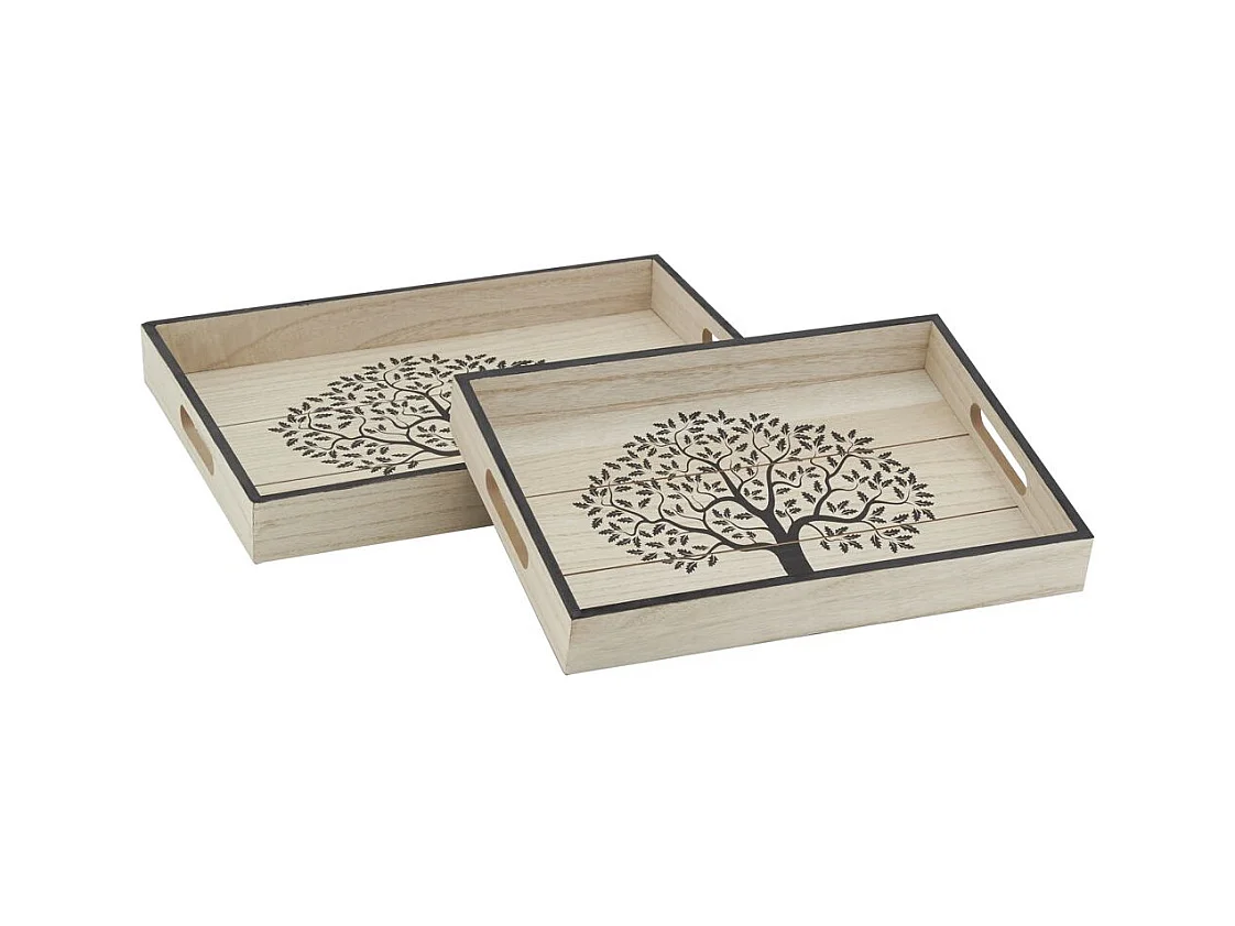 Plateaux rectangulaires en bois naturel Arbre de vie (Lot de 2)