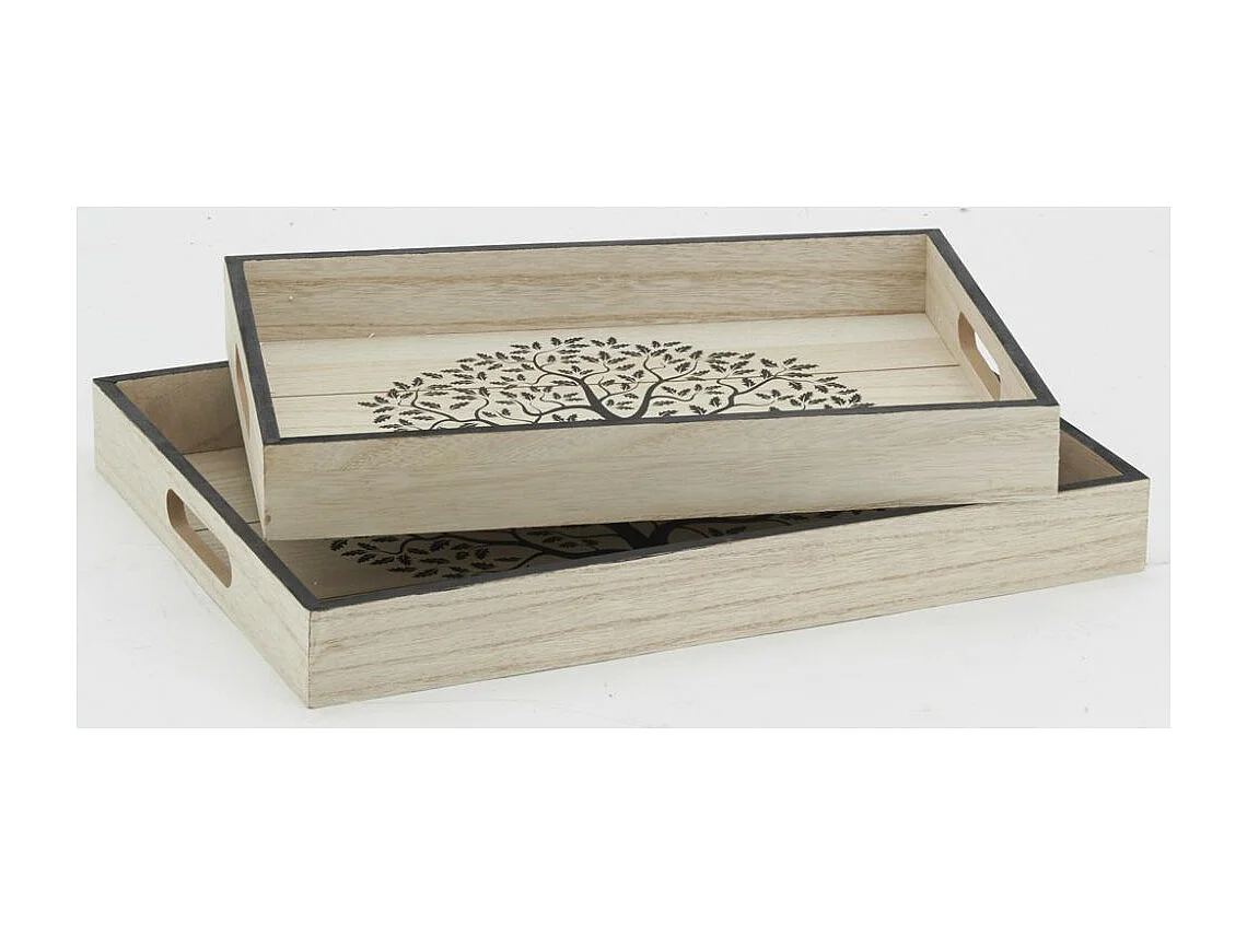 Plateaux rectangulaires en bois naturel Arbre de vie (Lot de 2)