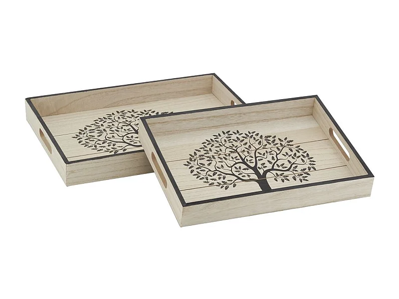 Plateaux rectangulaires en bois naturel Arbre de vie (Lot de 2)
