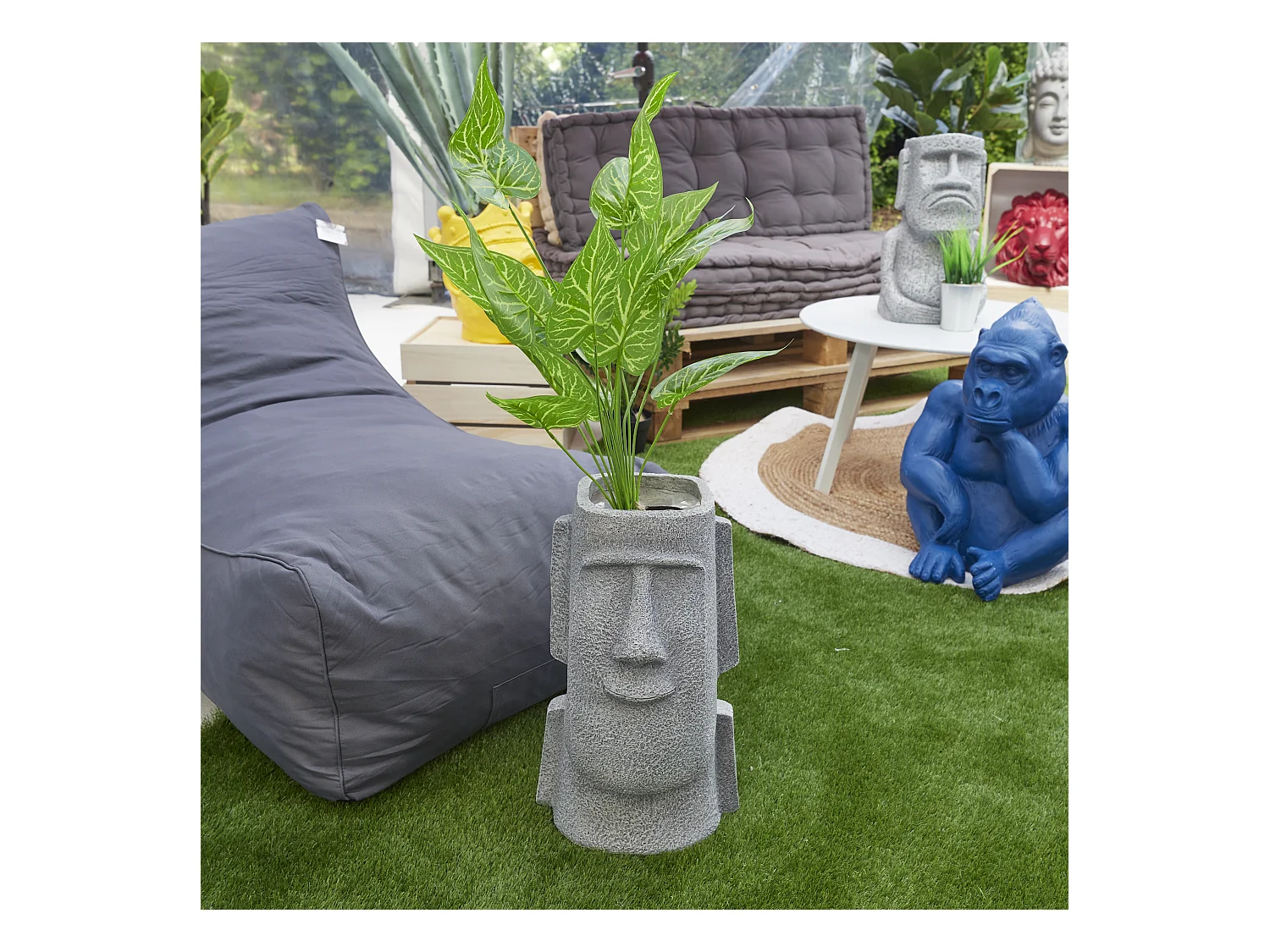 Figurine Azteque Porte Plante En Magnesia H42.5 Gris