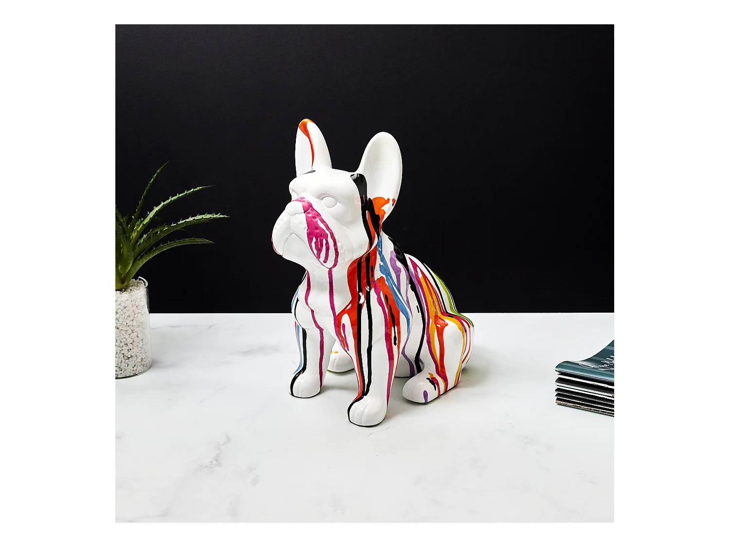 Bulldog Ceramique Coulures 30cm Blanc, Multicolore