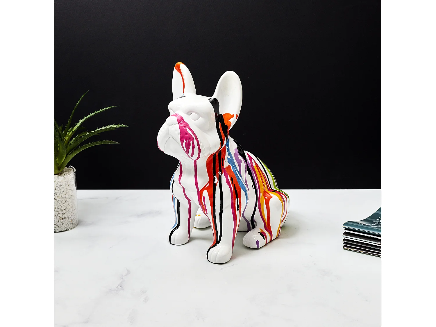 Bulldog Ceramique Coulures 30cm Blanc, Multicolore