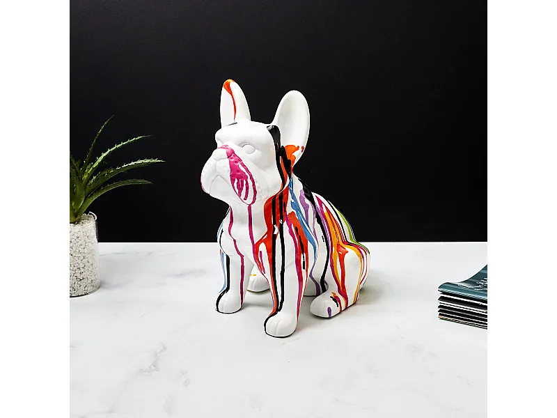Bulldog Ceramique Coulures 30cm Blanc, Multicolore