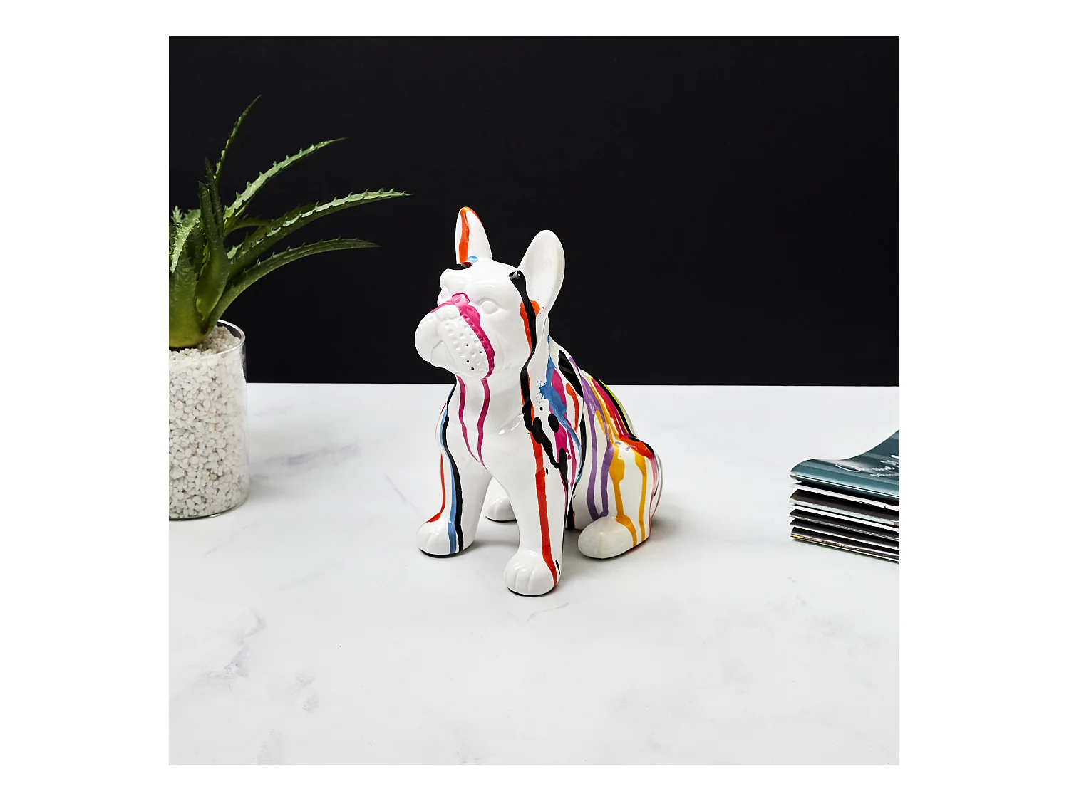Bulldog Ceramique Coulures 20cm Blanc, Multicolore