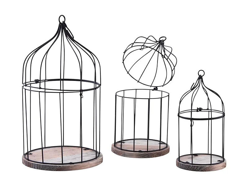 Cages en métal laqué et bois (Lot de 3)