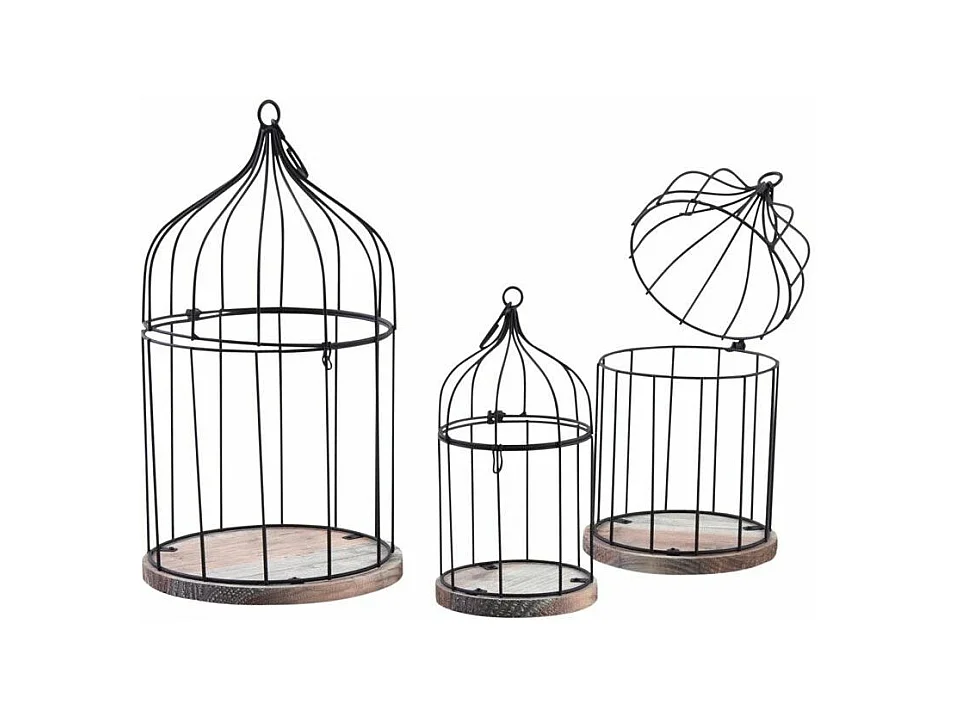Cages en métal laqué et bois (Lot de 3)