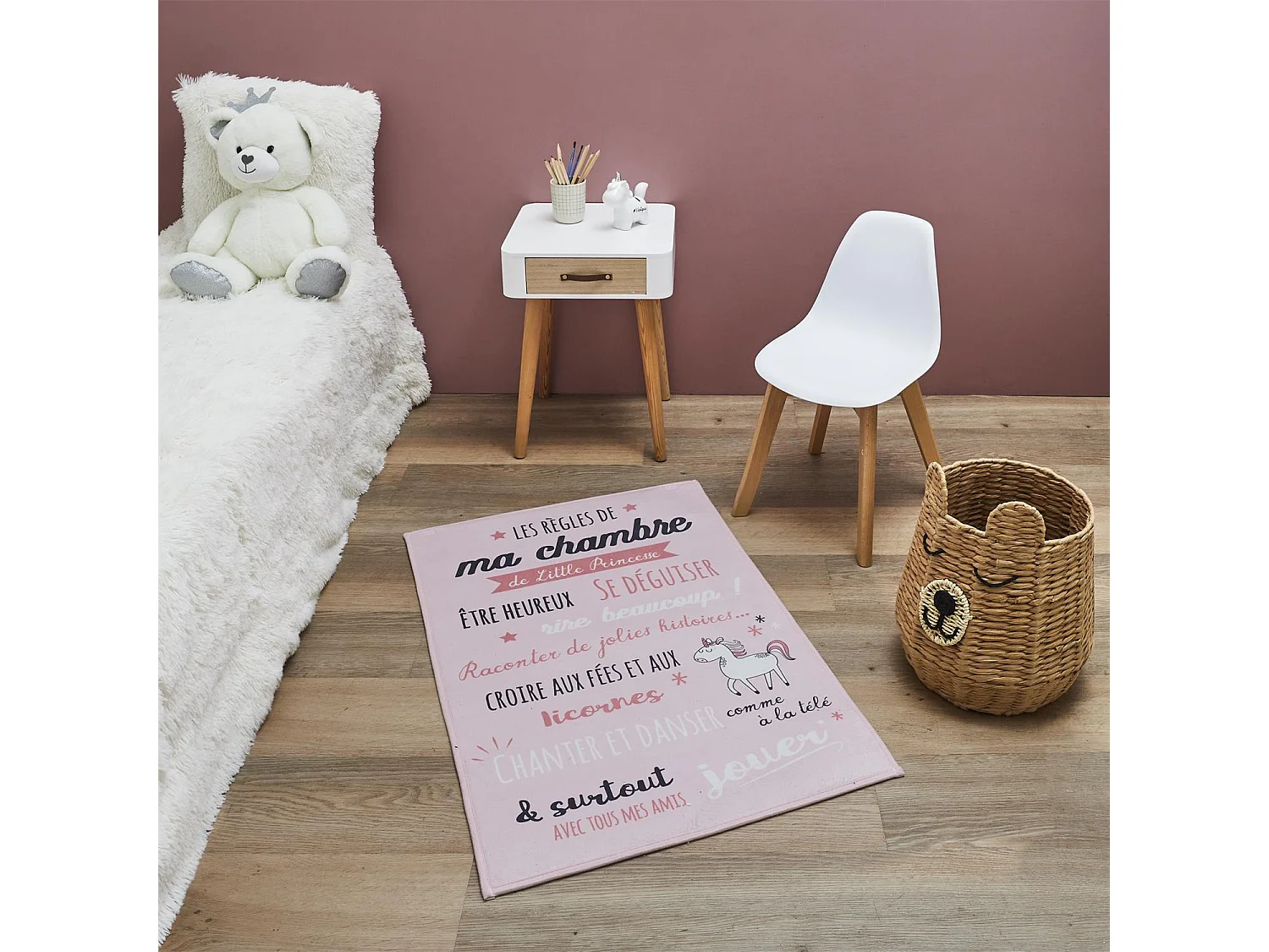 Tapis Enfant "Règles de la Chambre" 60x90cm Rose